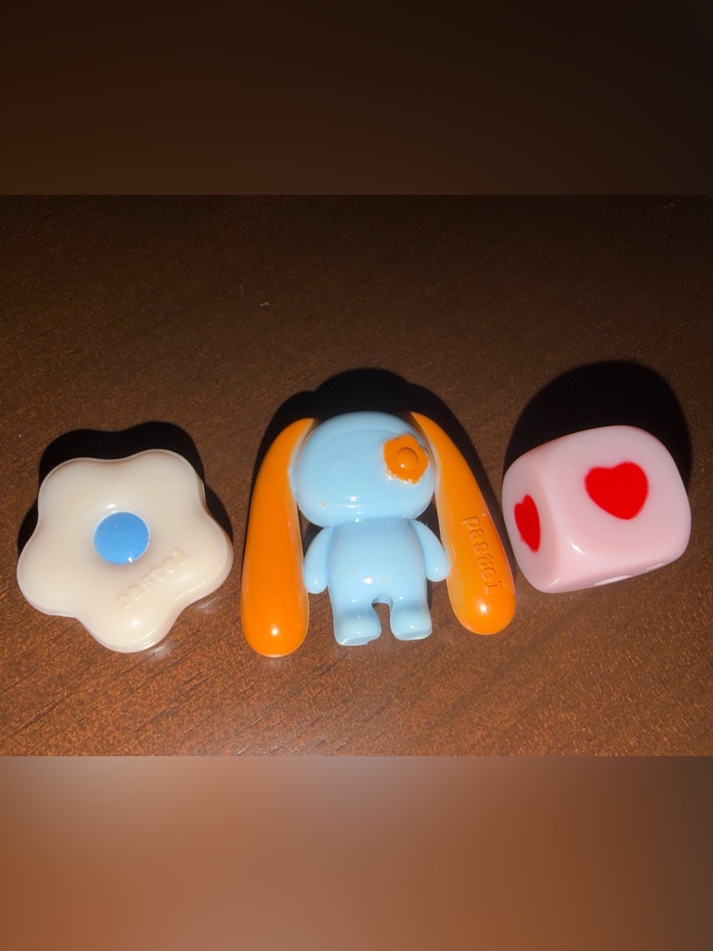 3 beads from CJ Hendry Pastel: light blue juju, pink cube w/ heart, beige flower